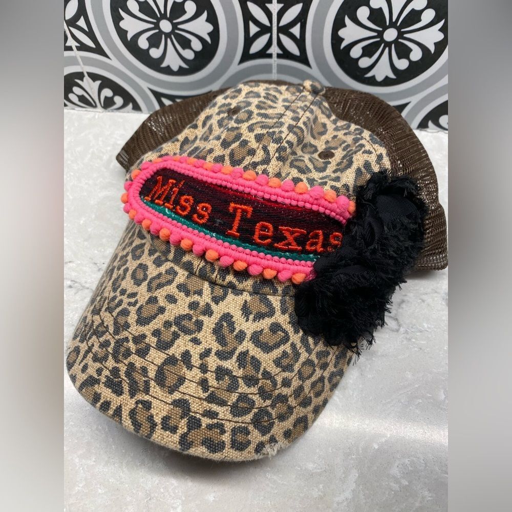 Miss Texas Leopard Ball Cap - Patch with Pompom and Flower Detail